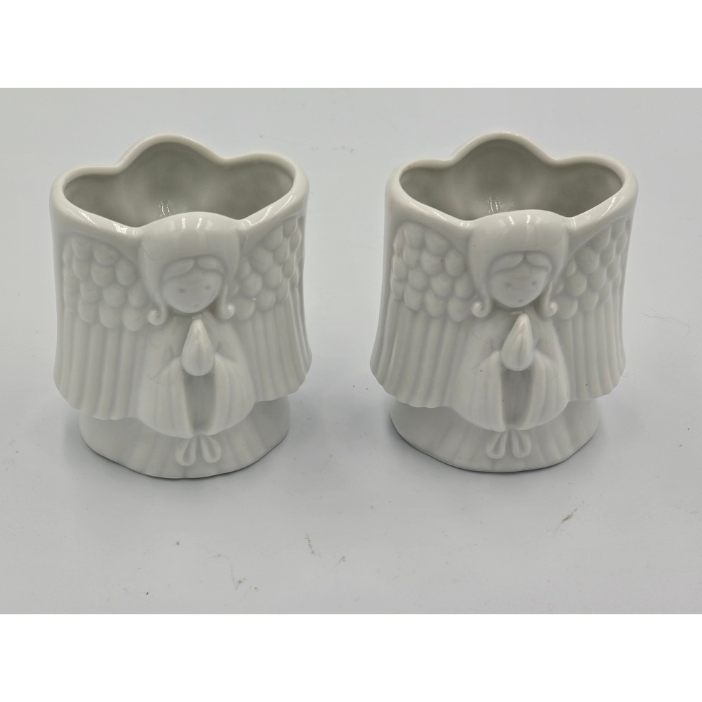 Vintage Neiman Marcus White Porcelain Praying Angel Vases Candle Holders Pair